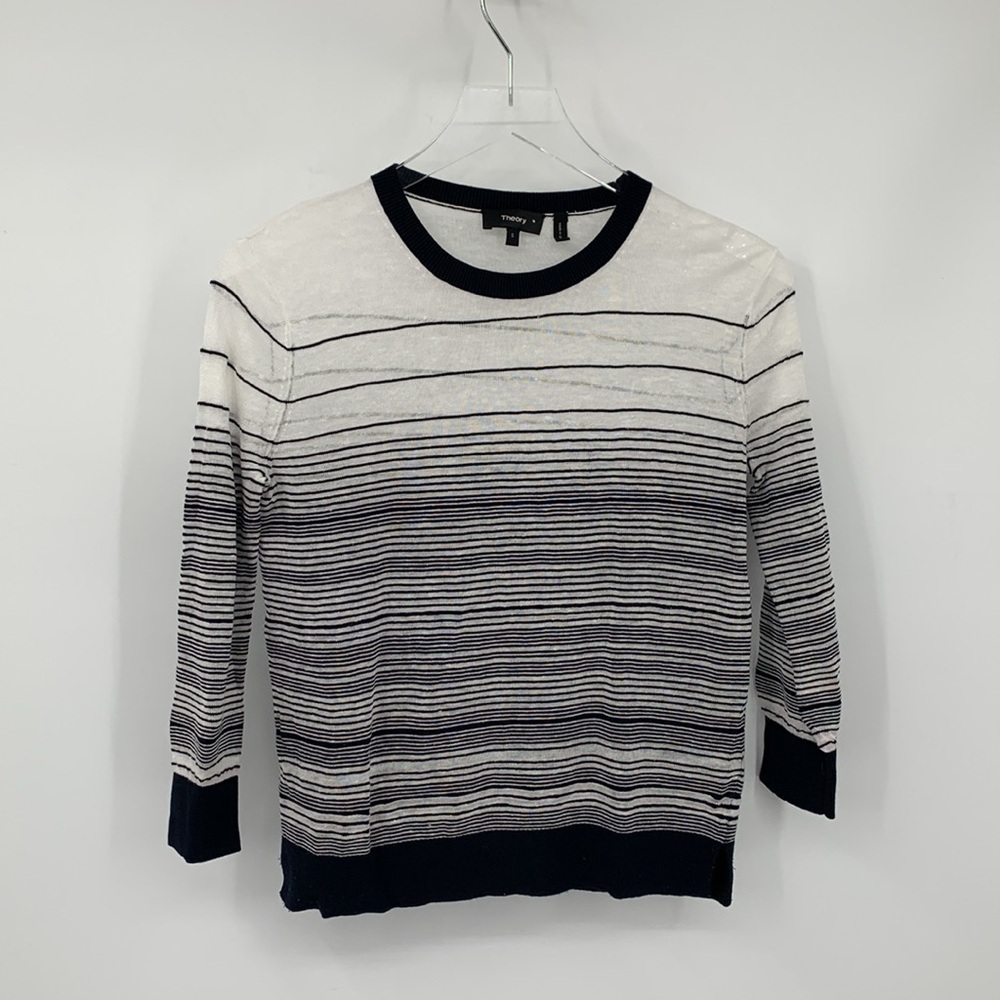 Theory Rainee P lightweight linen blend sweater black white stripe nubby Small